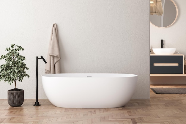 modern mid century and minimalist bathroom interior bathtub white decor concept modern wooden bathroom cabinet hanging on white wall concrete floor cozy bathroom front view 3d rendering