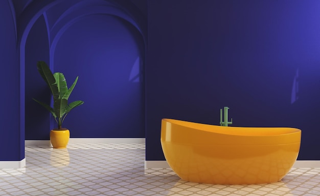 Modern mid century and minimalist bathroom interior, dark blue decor concept, modern yellow bathtub.