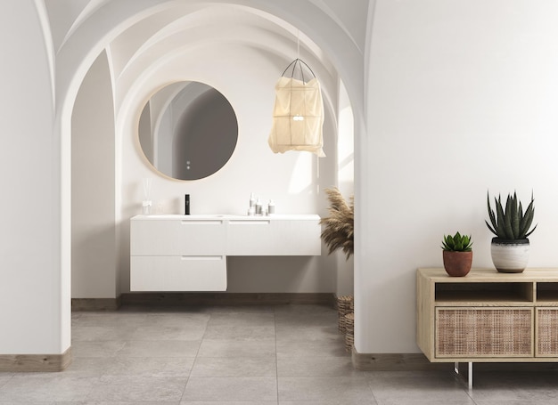 현대 중반 세기와 미니멀한 욕실 인테리어, 흰색 장식 개념, 현대적인 욕실 캐비닛.