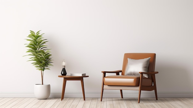 Modern mid century and minimalist interior of living room with brown armchair