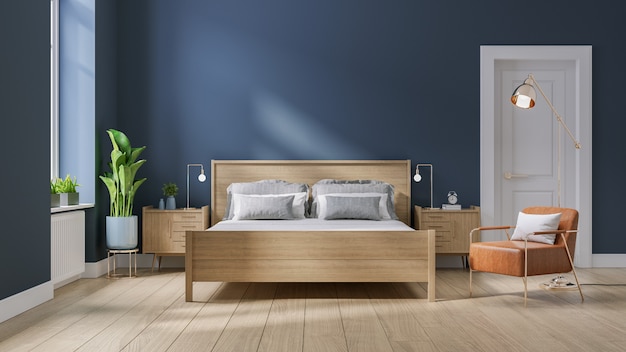 Modern midden van de eeuw en minimalistisch interieur van de slaapkamer