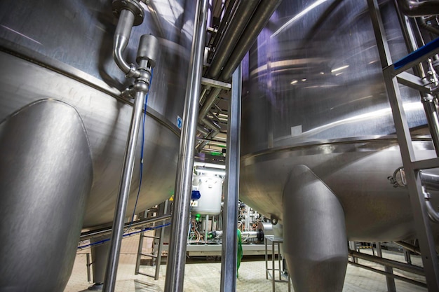 Modern milk cellar with stainless steel leg support tanks.