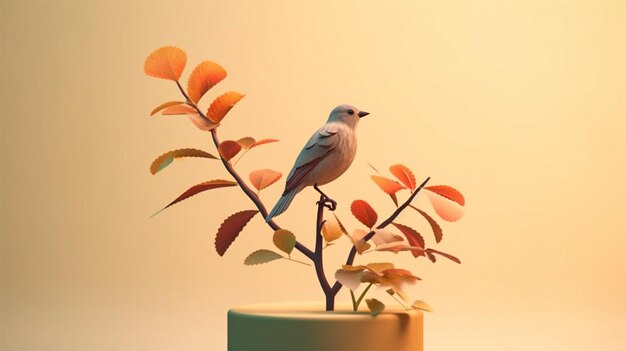 Modern minimal bird on tree and foliage with color pastel happy cheerful playful fun Generative Ai