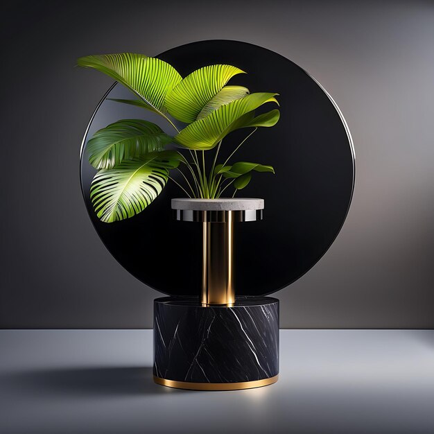 Modern minimal black round marble pedestal table podium with tropical monstera leaf plant on white