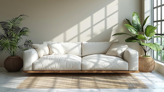 Современный минимальный чистый прозрачный белый диван в гостиной