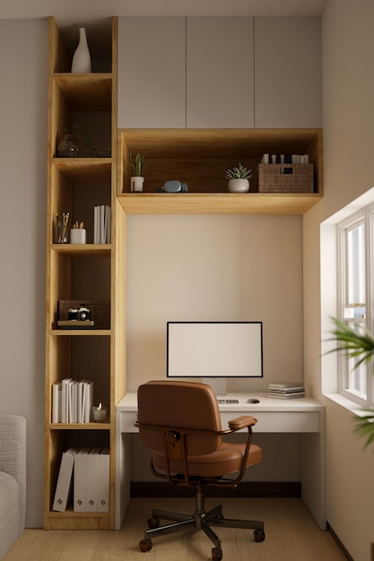 Modern minimal contemporary home working space in white and wood style with pc computer mockup