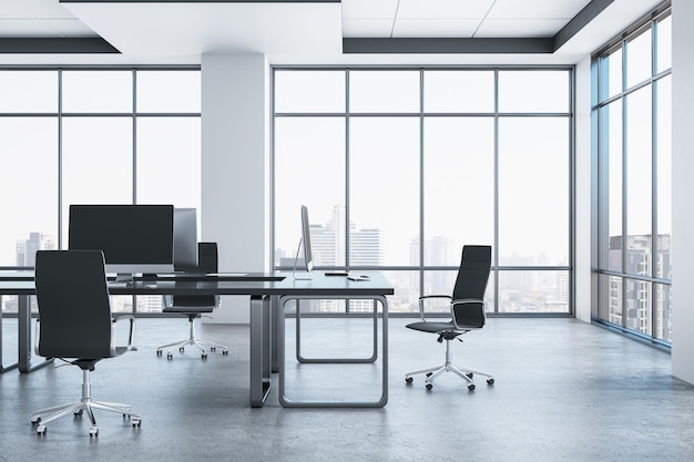 Современный минимальный коворкинг интерьер офиса с мебелью и панорамными окнами с видом на город 3D рендеринг