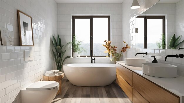 Modern minimal cozy bathroom in bright sun light mood white tiles and wooden furnitures style