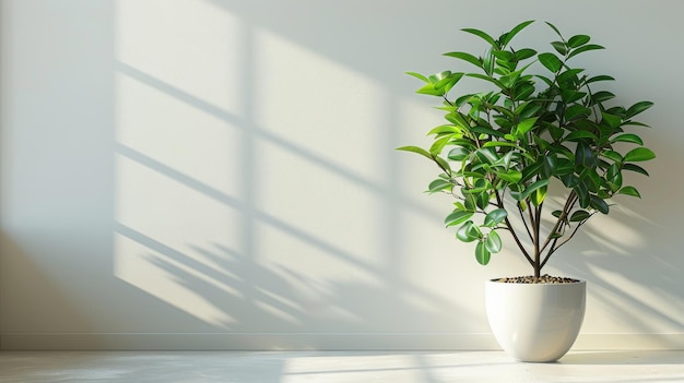 Modern minimal creative home decor concept A Zamiokulcas plant in a flower pot on top of a light wall It casts a shadow on the light wall Zamioculcas Zamiifolia or ZZ Plant