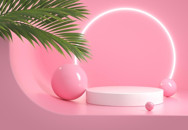현대 최소한의 디스플레이 선반 이랑 핑크 개념 네온 불빛 형광 배경 3d 렌더링