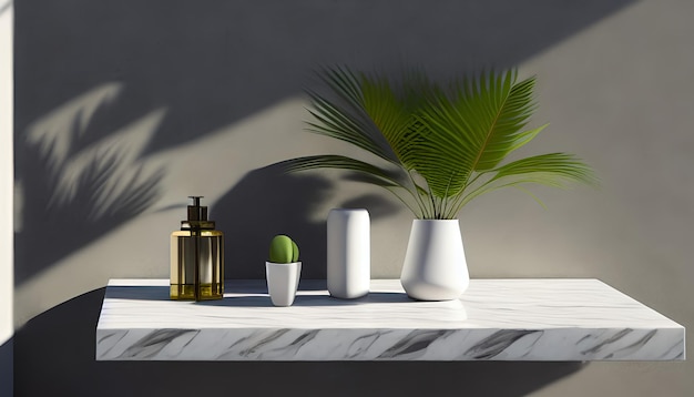 Modern minimal empty white marble stone counter table top palm tree in sunlight