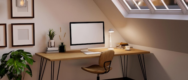 Photo modern minimal home office in attic room with pc computer mockup on wood table