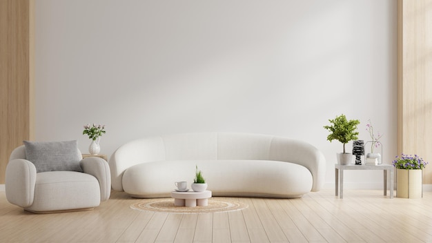 モダンなミニマルなインテリアのエレガントな肘掛け椅子と白い壁の背景にソファ