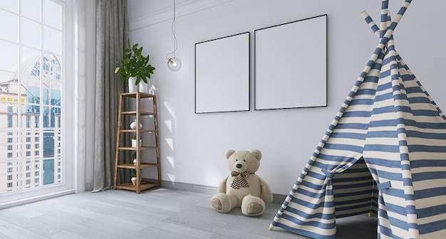 Design moderno e minimale per camerette per bambini con cabana, due cornici per foto, finestre, edifici