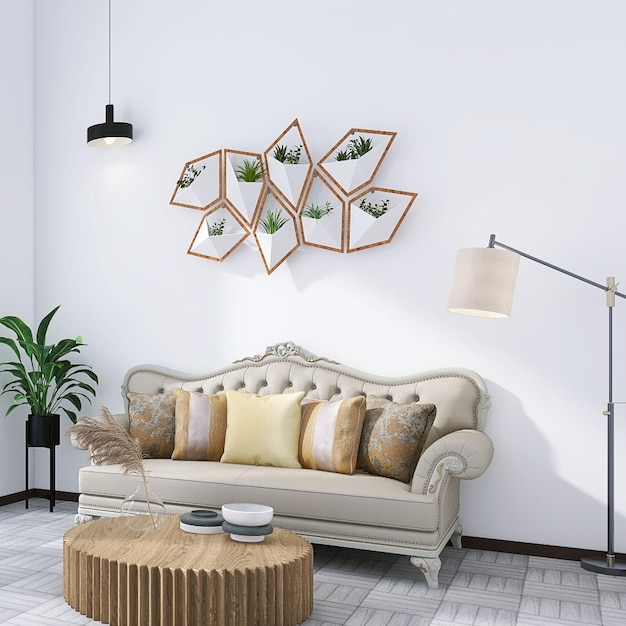 Современный и минималистичный дизайн интерьера гостиной с диваном, журнальным столиком, торшером, комнатными растениями