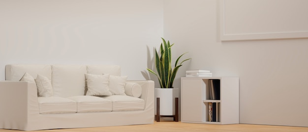 Современная минималистичная гостиная с удобным диваном, макет плаката с комнатным растением на белой стене, 3d-рендеринг