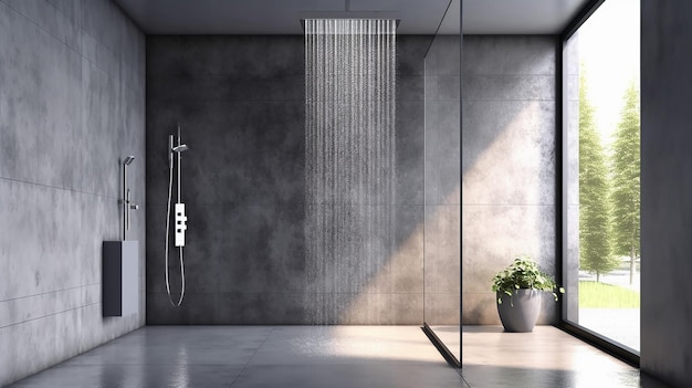 크롬 샤워기가 있는 현대적인 미니멀 로프트 욕실 디자인 Generative AI