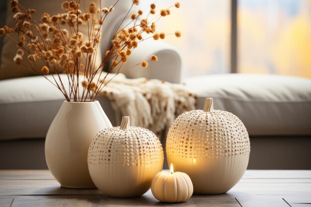 Modern minimal nordic interior design for fall holidays thanksgiving halloween with pumpkins and autumn leaves Generative AI