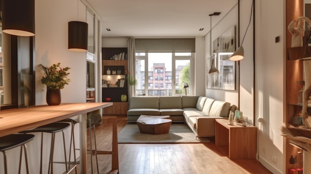 Фото Современный минималистичный дизайн интерьера комнаты с деревянным столом и барными стульями с видом на другое здание generative ai aig27