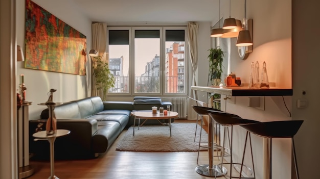 Photo modern minimal room interior design with a wooden table and bar chairs featuring a view of another building generative ai aig27