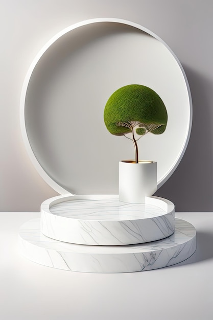 Modern minimal round white marble podium tray on glossy white table counter tree branch leaf shad