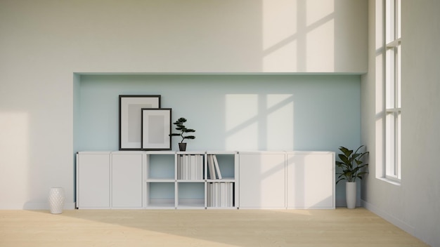 Modern minimal spacious living room interior with minimal white lowcabinet against the blue wall