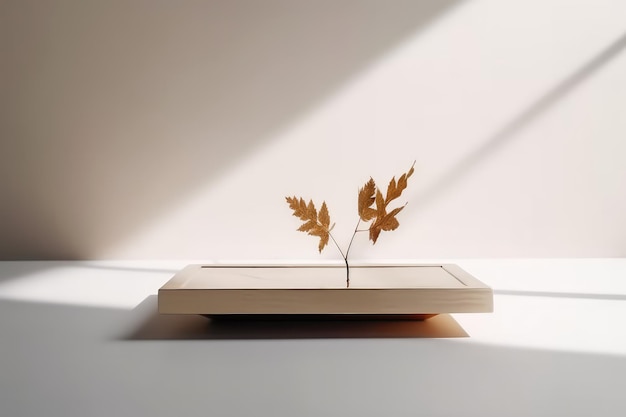 Modern minimal square wooden podium tray on glossy white background