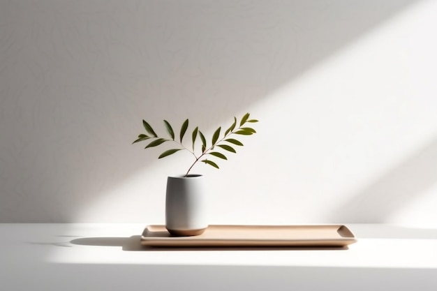 Modern minimal square wooden podium tray on glossy white table counter