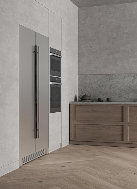 사진 냉장고 내부 배경 자연 스투코 디자인과 함께 현대적인 미니멀 스타일의 회색 목조 주방