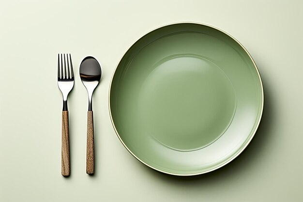 Modern minimal table place setting neutral green color on gray concrete background top view