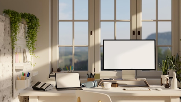 Modern minimal white home workspace with computer mockup tablet mockup on a table