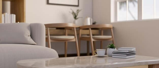 Modern minimal white marble coffee tabletop with home accessories and copy space