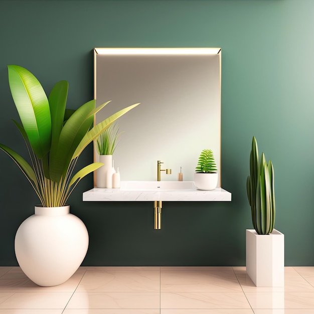 Modern minimal white marble stone bathroom vanity and space green tropical bamboo palm tree in sun