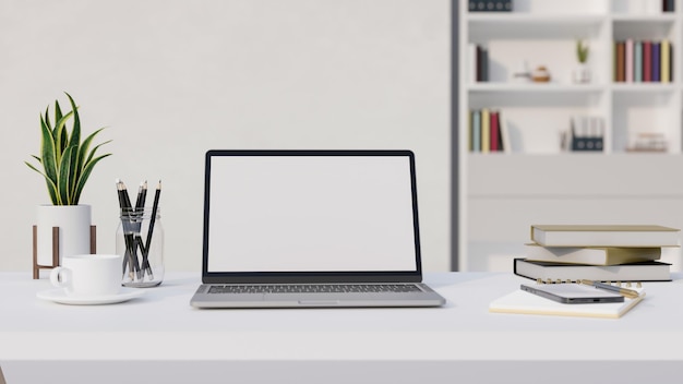 Modern minimal white workplace interior design with portable notebook laptop mockup