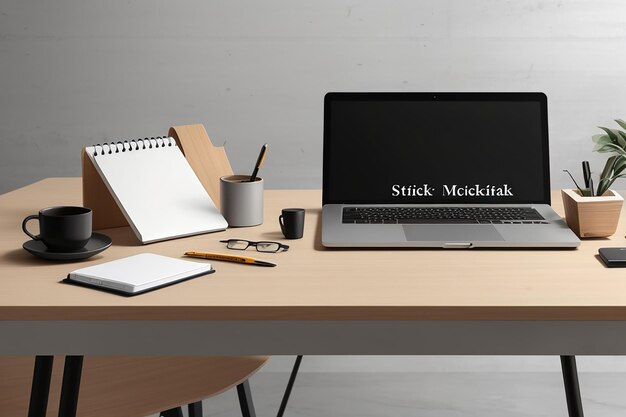 Photo modern minimal workspace with notebook laptop mockup stationery and decor on wood table