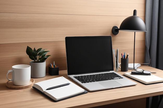 Современное минимальное рабочее пространство с макетом ноутбука, канцелярскими принадлежностями и декором на деревянном столе
