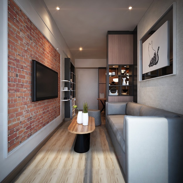 modern minimalis living room apartment with brick wall pattern interior design