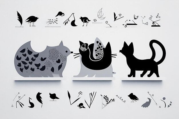 Modern Minimalism Meets Feline Elegance with Stylized Avian Accents on White animal pattern cat bird