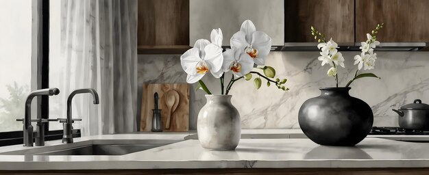 Modern Minimalism Sleek Monochrome Kitchen with Watercolor Hand Drawing and White Orchid Realisti