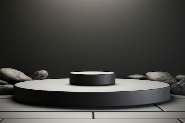 Modern Minimalism A Sleek Platform Podium with a Black Circle Feature on a Gray Light Background