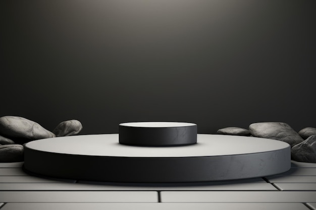 Modern minimalisme Een slank podium met een zwarte cirkel op een grijze achtergrond