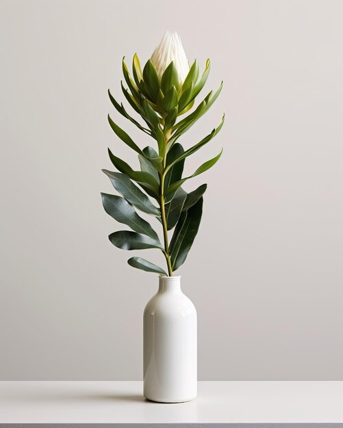 A modern and minimalist arrangement showcasing a single elegant protea flower