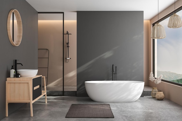 Modern minimalist bathroom interior modern bathroom cabinet white sink wooden vanity interior plants bathroom accessories bathtub and shower black and beige walls concrete floor 3d rendering