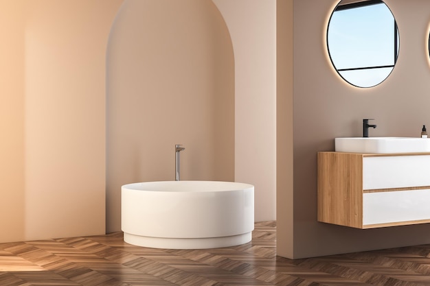 현대적인 미니멀리즘 욕실 인테리어 현대적인 욕실 캐비닛 흰색 세면대 나무 세면대 인테리어 식물 욕실 액세서리 욕조 및 샤워 흰색 및 베이지색 벽 콘크리트 바닥 3d 렌더링