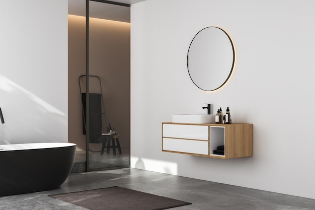 Modern minimalist bathroom interior modern bathroom cabinet white sink wooden vanity interior plants bathroom accessories bathtub and shower white and beige walls concrete floor 3d rendering