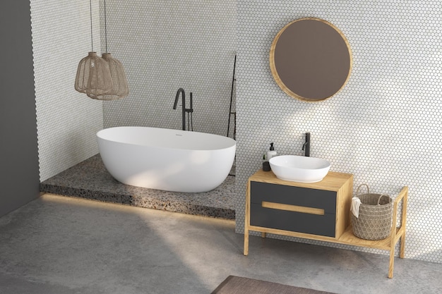 Interno bagno moderno e minimalista mobile bagno moderno lavabo bianco lavabo in legno piante interne accessori bagno vasca e doccia pareti bianche e piastrelle pavimento in cemento rendering 3d