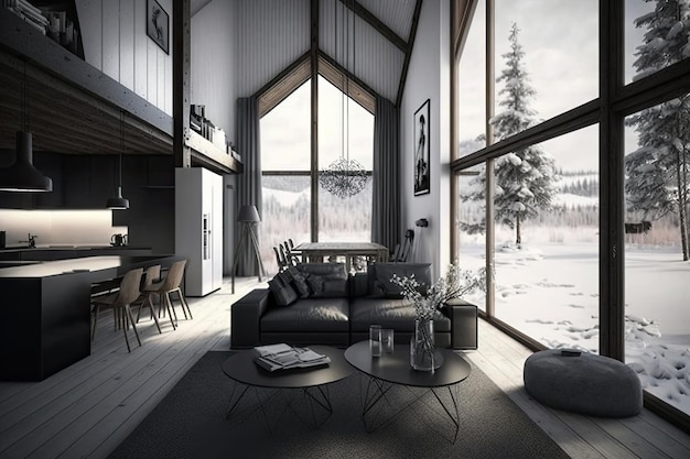 Modern and minimalist chalet with sleek furniture and minimal decor created with generative ai