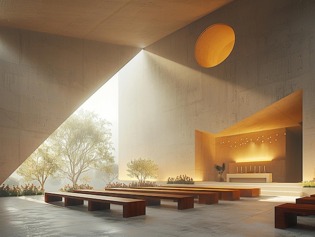 シンプルな建築の線と自然の光が細かく描かれたミニマリストの礼拝堂