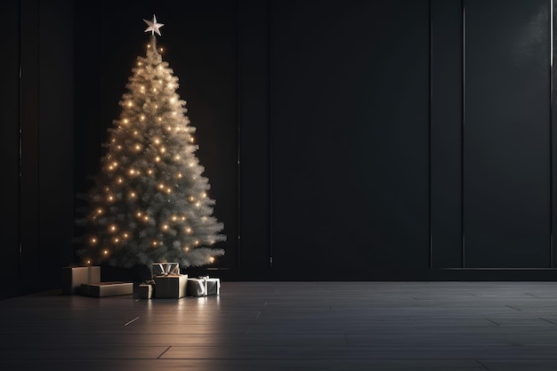 Modern minimalist christmas tree with white lights and ornaments in a black room