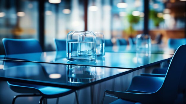 Modern minimalist corporate conference room with glass table in blue shades Generative AI